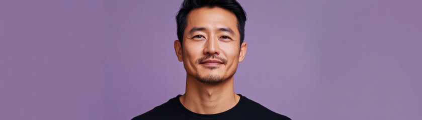 Obraz premium Confident Gaze: A close-up portrait of an Asian man, sporting a casual black t-shirt, exudes confidence as he gazes directly into the camera with a warm smile.