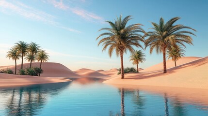 Fototapeta premium Oasis with clear water surrounded by palm trees and lush vegetation in golden sand desert under sunny sky with scattered clouds. Rolling dunes visible in background. Generative by AI