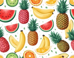 Seamless tropical fruit pattern in hand-drawn style on white background. perfect for packaging and textiles.