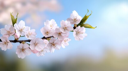 Obraz premium Delicate cherry blossoms open their petals in vibrant pink hues during springtime, showcasing nature's beauty against a serene backdrop of soft colors