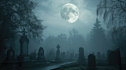 Full moon above foggy graveyard with leafless trees and headstones under blue twilight sky. Mist covers ground creating atmospheric scene. Generative by AI