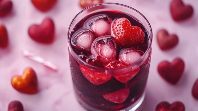 Romantic Valentine's Drink: Cocktail with Heart-Shaped Red Fruits and a Festive Background - Powered by Adobe