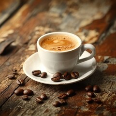 Espresso in a white cup on rustic wood