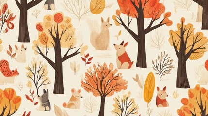 Autumnal Woodland Creatures: A whimsical illustration of animals amidst colorful autumn trees