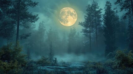 Fototapeta premium Full moon rises behind dense pine forest shrouded in mist. Tall trees create layered silhouette against glowing sky at twilight. Generative by AI