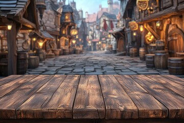 Wooden table in front of a medieval town street