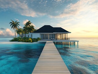 Tropical Island Villa with Glass Walls, Palm Trees, and Wooden Pier over Blue Sea