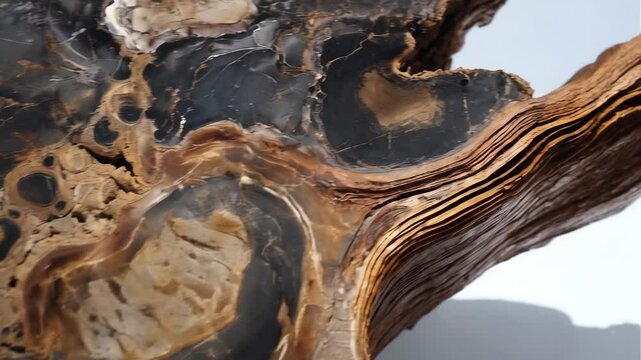 Detailed view of petrified wood revealing patterns, colors, textures, preserved tree rings, and fossilized grain showcasing natural geological beauty.