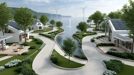 Drone-captured panorama of a community microgrid station blending solar panels, vertical axis wind towers, and neighborhood EV charging hubs surrounded by tree-lined streets for resilient eco-energy