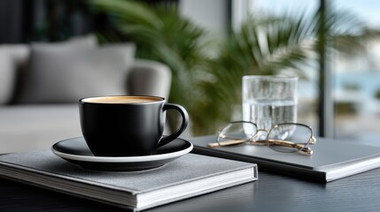 Obraz premium Close up of a black coffee cup, glass of water, eyeglasses, and notebooks on a dark table near a window with a blurry background.