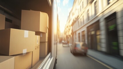 Fototapeta premium Open Delivery Truck Packed with Cardboard Boxes on City Street Ready for Shipment