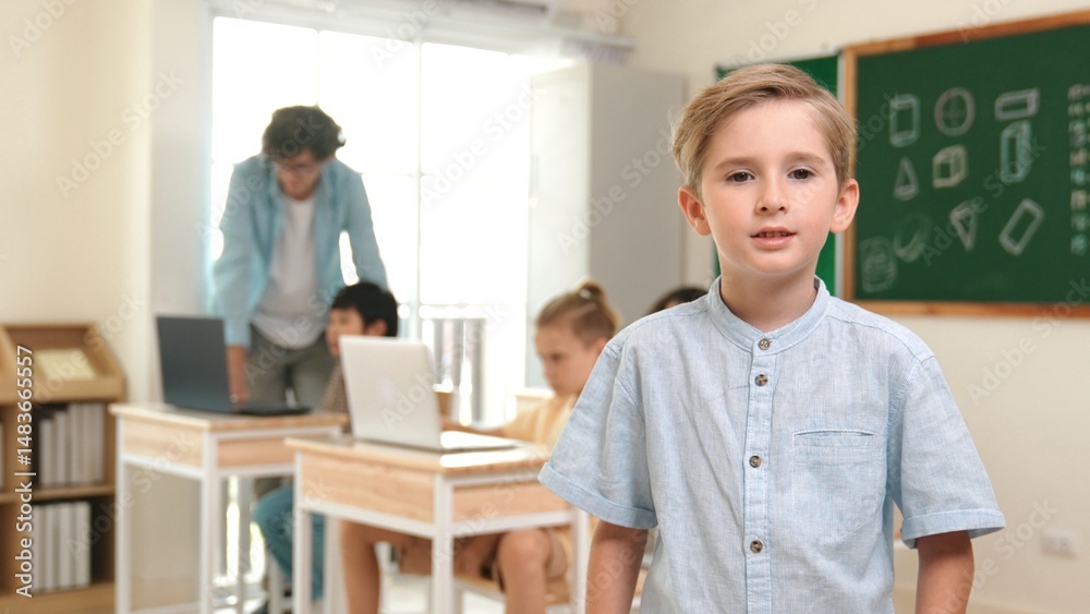 Poster caucasian cute student looking at camera while friend studying about writing engineering code or cod
