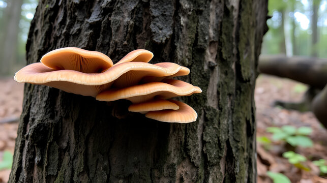 A closeup of Turkey tail Mushroom Covering a logs.  Brown shelf mushroom growing on a tree trunk in a forest - Powered by Adobe
