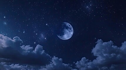 Full moon surrounded by stars and clouds in deep night sky, moonlight filtering through gaps in dense cloud cover. Generative by AI