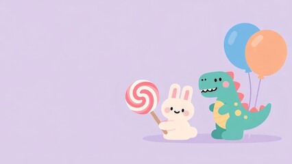 パステルパープル背景にウサギと恐竜がロリポップと風船を持つピクセルアートイラスト