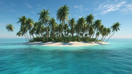Small tropical island with tall palm trees surrounded by turquoise ocean, clear blue sky above, calm sea surface. Generative by AI