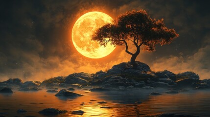 Serene landscape featuring a tree silhouetted against a giant full moon reflecting in the water.  Magical, calm, and beautifully orange.
