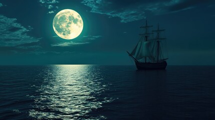 Fototapeta premium Large full moon shines brightly over calm ocean where a sailboat with full sails floats, moonlight reflects across water surface, clouds scattered on horizon. Generative by AI