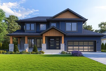Fototapeta premium Contemporary Two-Story Residence For Sale: Front View of a Blue Gray Home with Wood & Vinyl Siding Under a Clear Summer Sky