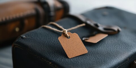 Close up of a dark colored leather suitcase with a small, light brown tag attached. A similar brown leather suitcase is blurred in the background.