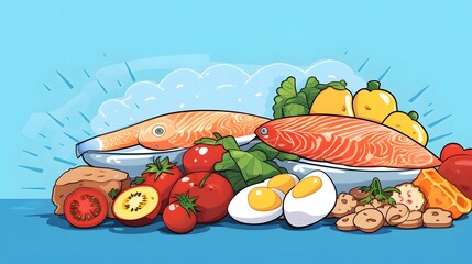 Cholesterol Rich Food Illustration on Blue Background for Nutrition Education Materials