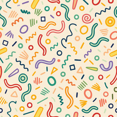 Whimsical pattern of colorful shapes and lines on a light beige background