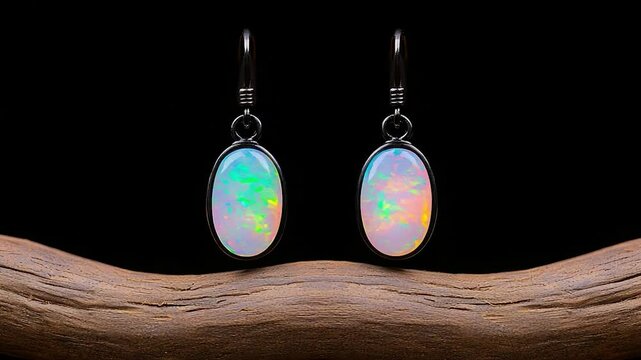 Colorful opal earrings on a wooden branch.