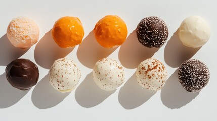 Assortment of colorful chocolate truffles arranged on white background. Various coatings and sprinkles are visible.  Bright overhead lighting casts subtle shadows.
