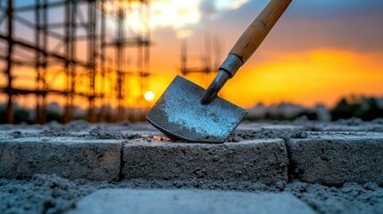 Construction site, trowel on bricks at sunset