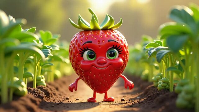 Cheerful strawberry character standing in a garden 
