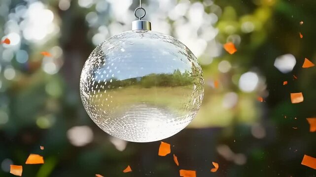 Shattered disco ball amidst vibrant orange confetti in a lush garden setting