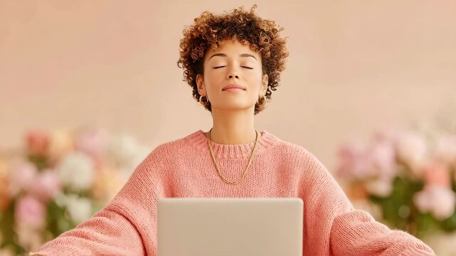   Mindfulness at Work with Laptop – Woman Embracing Tranquility and Balance in Soft Pastel Tones calm remote work pastel mindfulness