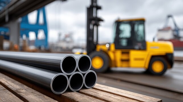 Close up of dark metal pipes stacked on wooden planks, with a yellow forklift and industrial harbor background slightly blurred. - Powered by Adobe