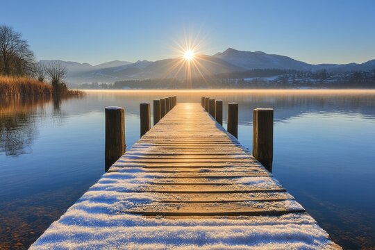 Peaceful winter sunrise over a snowy lake pier