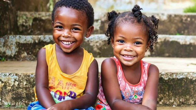 two smiling African children sitting on concrete steps, brother and sister, boy and girl, enjoying time