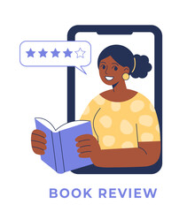 Vector illustration of African American young woman with a book on the smartphone screen. Book review, literature recommendation, feedback concept. Girl reader, bookworm cartoon art for web, blog.