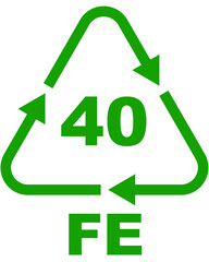 Recycling code icon, green color triangle with arrows, surrounding the number "40" is displayed, with the letters "FE" beneath with isolated background.