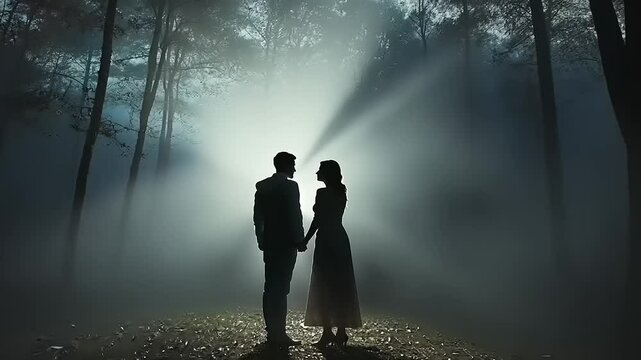Silhouetted couple holding hands in a misty forest, illuminated by soft light beams