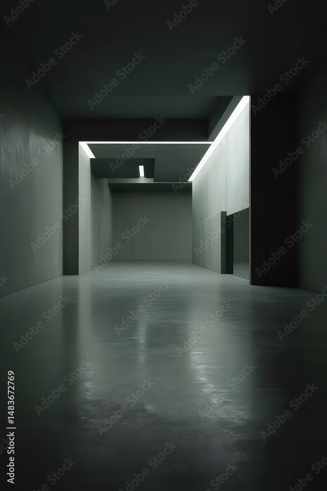 Poster 暗い色調のモダン建築におけるミニマルなコンクリートの廊下 明るい照明とシャドウを備えたシンプルな幾何学的デザインとクリーンなラインが特徴