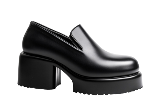 a black leather shoe with a thick platform
