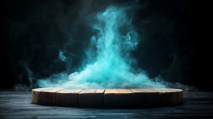 Wooden circular platform with teal smoke