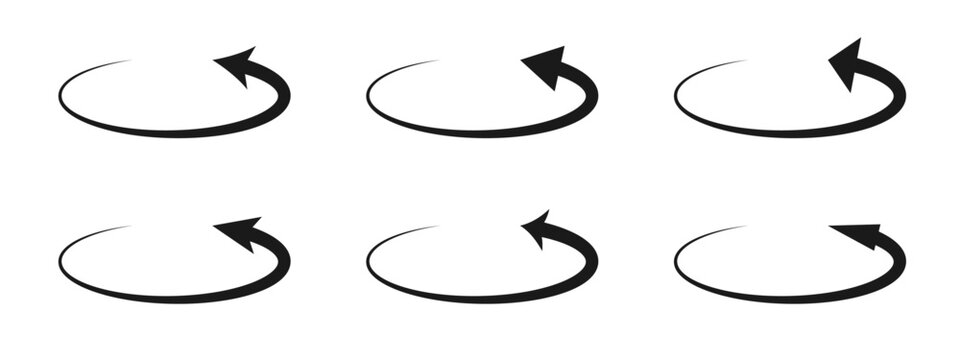 Rotating arrows black icon set. Update, replay, repeat, reload, reset symbol. Circle arrow sign. Vector design element for an interface, app, project, logo. Isolated on a white background.