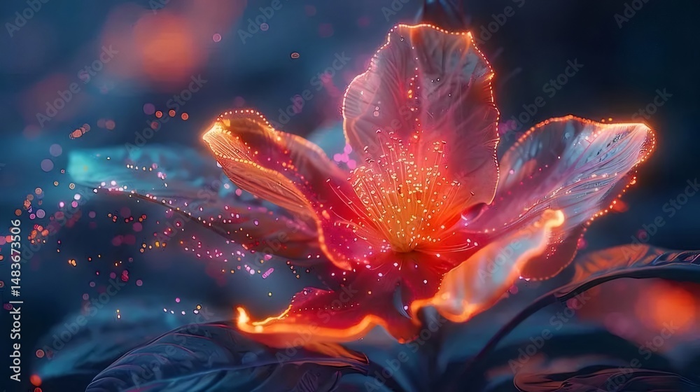 Poster 輝く赤と黄色の花 デジタルアートと青の葉を持つ植物 抽象的な輝く粒子効果と暗い背景