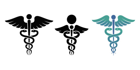 Caduceus, Emergency Services Star With Rod Of Aesculapius Illustration - VECTOR, Caduceus Symbol Black Silhouette Isolated On White, Health care caduceus medical symbol, A linear icon of caduceus.