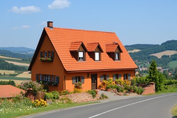 Naklejka premium Charming orange house nestled in a countryside landscape