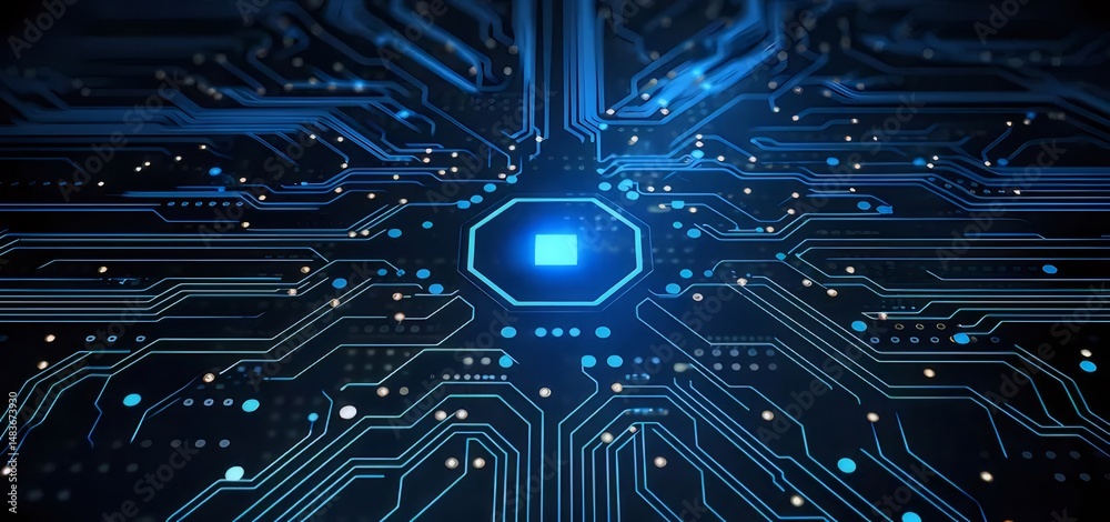 Poster 青色の電子回路基板の抽象的な背景 未来的な技術のデジタルネットワーク接続システム データ通信デザインの詳細 マイクロチップテクノロジーの革新