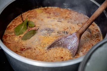 Top-down view of a pot filled with hearty soup, such as bograch or a creamy cheese-based soup. A wooden spoon rests over the pot, filled with steaming broth.