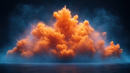 Fiery orange cloud explosion against a dark blue smoky backdrop