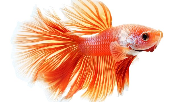 Fancy guppy fish with vibrant orange and yellow fins and shimmering scales isolated on white background image