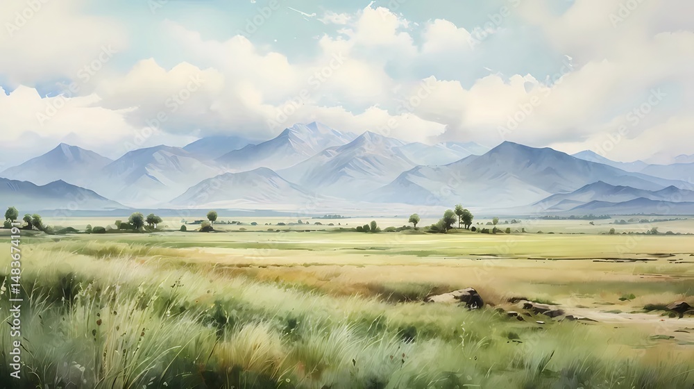 Poster 緑豊かな牧草地の丘陵と穏やかな水彩画の山の風景 静かで牧歌的な日没時の光に包まれた穏やかな空